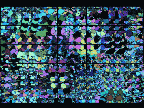 Photo mosaic of 25 photomicrographs of a dunite thin section